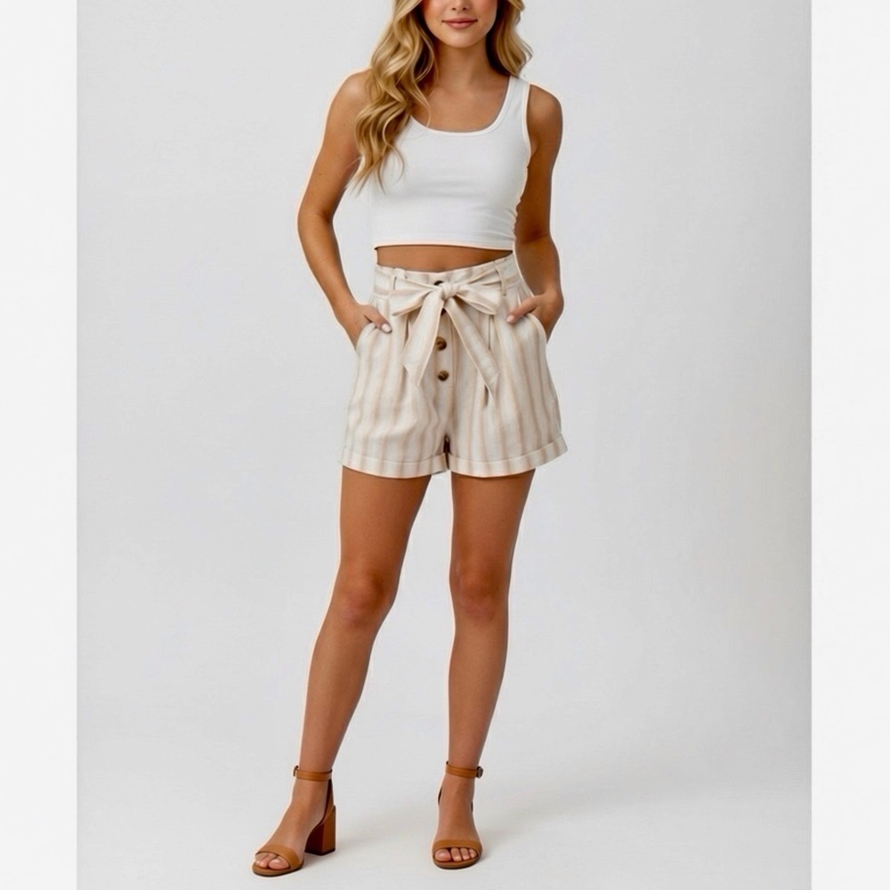 CUPSHE Apricot Stripe Tie Waist Pocket Shorts Cotton Women’s Sz XL High Rise New